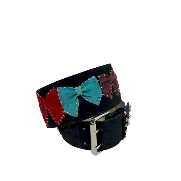Betsey Johnson Black Suede Wide Bow Belt w/ Multicolor Bows & Studding, Size S